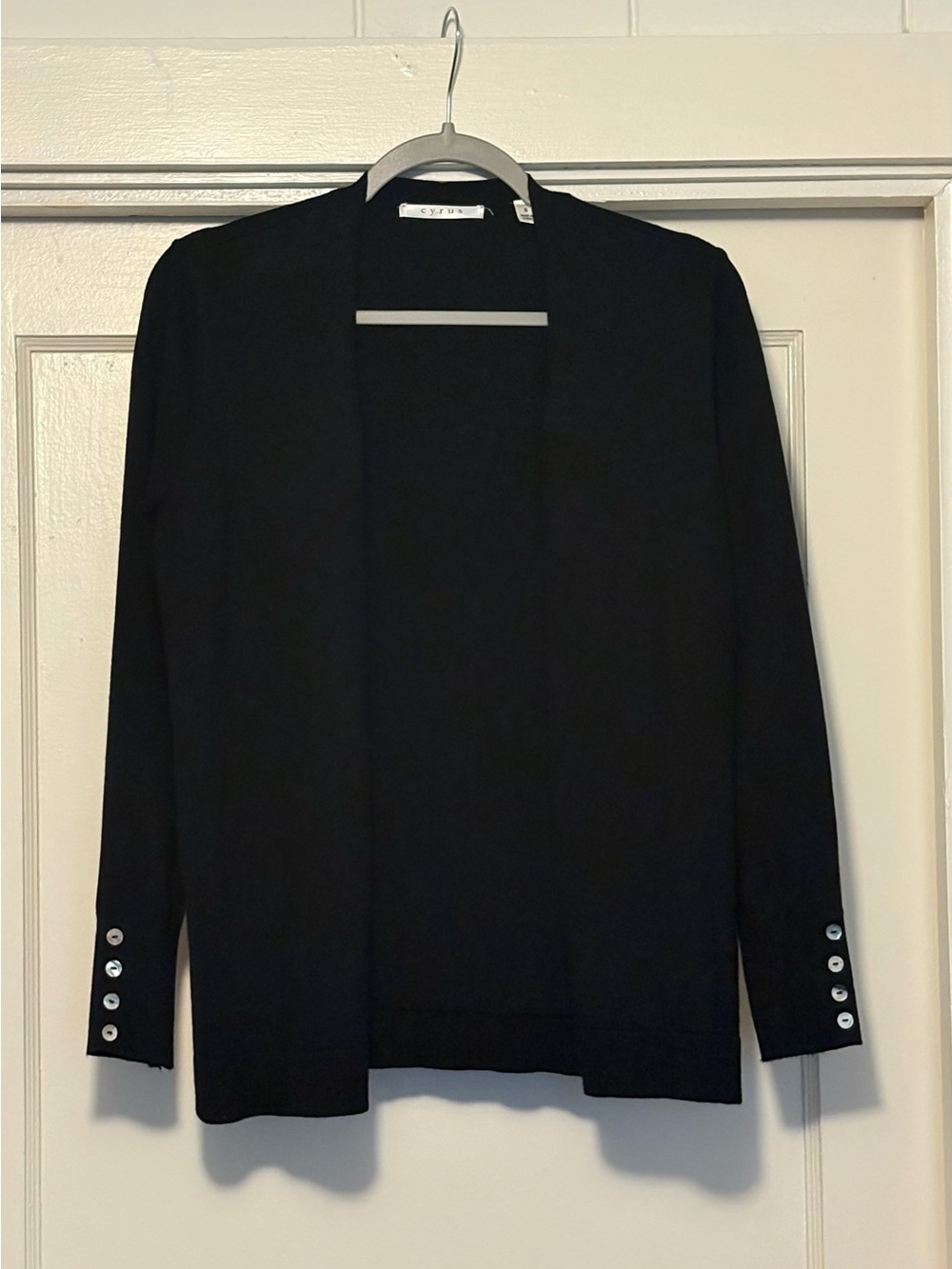 Cyrus Black Open-Front Cardigan with Silver Cuff Buttons